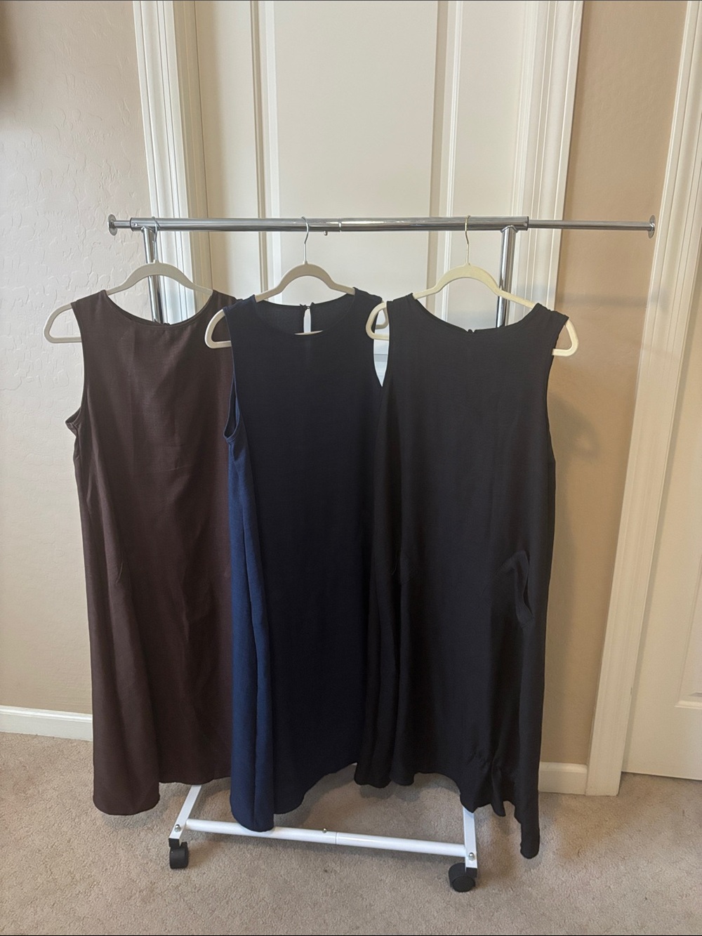 Sleeveless Shift Dress in black, Brown and Navy - Classic Minimal Style large